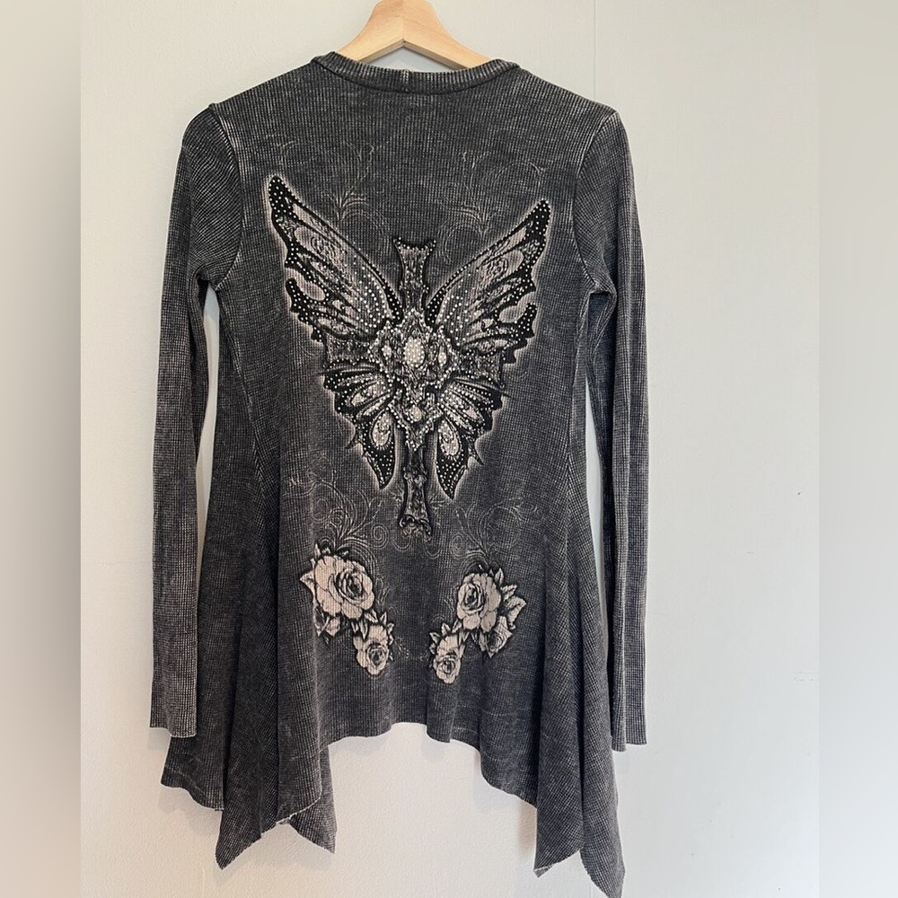 vocal cardigan / y2k bling angel wing biker 2000s drape / dark grey size small